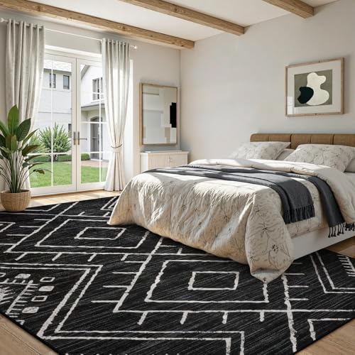 LIVEBOX Moroccan 8x10 Black Area Rug - Washable, Non-Slip Geometric Rug for Living Room & Bedroom