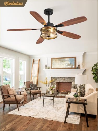 Farmhouse Ceiling Fan with Light and Remote - 52 Inch Black & Walnut