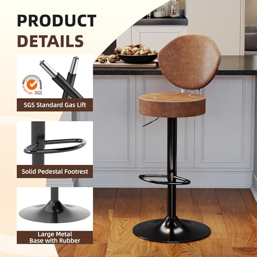 Ermnois Set of 2 Adjustable Brown Suede-Like Leather Swivel Bar Stools