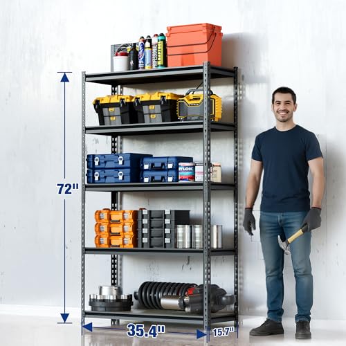 Heavy Duty 5-Tier Garage Storage Shelf - 72 Inch Black Adjustable Shelving Unit with 2180LBS Capacity