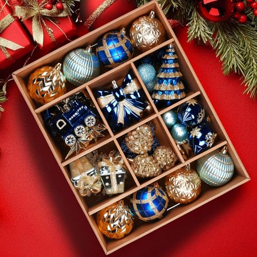 82pc Shatterproof Christmas Ball Ornaments Set in Blue & Gold with Hanging Strings