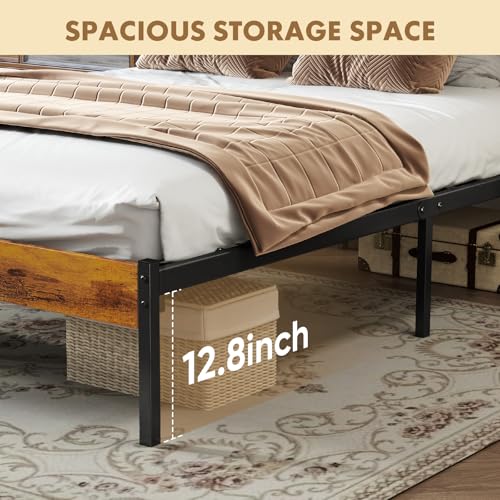 Wooden Queen Bed Frame with Metal Slats Support - 14 Inch High, 800LBS Capacity, Industrial Rustic Design
