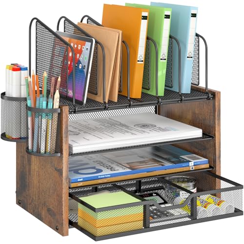 DAOUTIME 4-Tier Mesh Desk Organizer with Drawer and Pen Holders - Wooden Office Storage