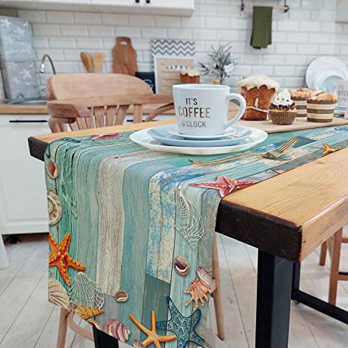 DeeCabin 13x36 Summer Ocean Beach Seashell Starfish Table Runner for Kitchen & Dining