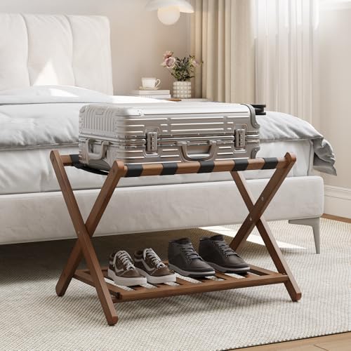 Dark Walnut Luggage Rack with Folding Storage Shelf - 26.77" Fully Assembled