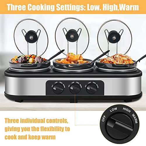HEYNEMO 4.5 Qt Silver Triple Slow Cooker Buffet Server with 3 Ceramic Pots
