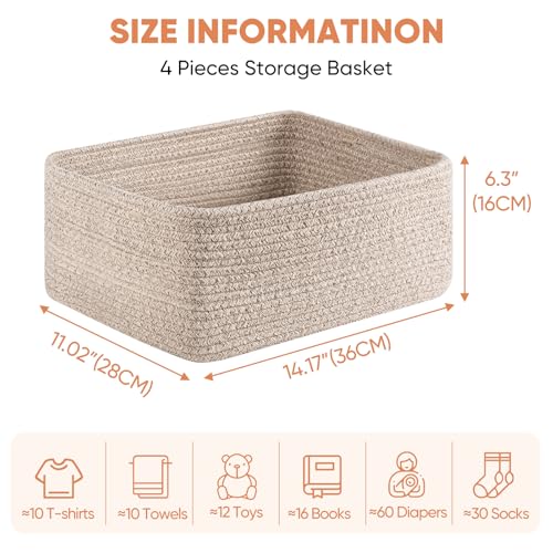 OIAHOMY Brown Woven Rope Storage Baskets 4-Pack for Shelves, Nursery, Living Room