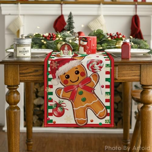 Artoid Mode Gingerbread Xmas Table Runner 13x72 Inch Red Holiday Decor