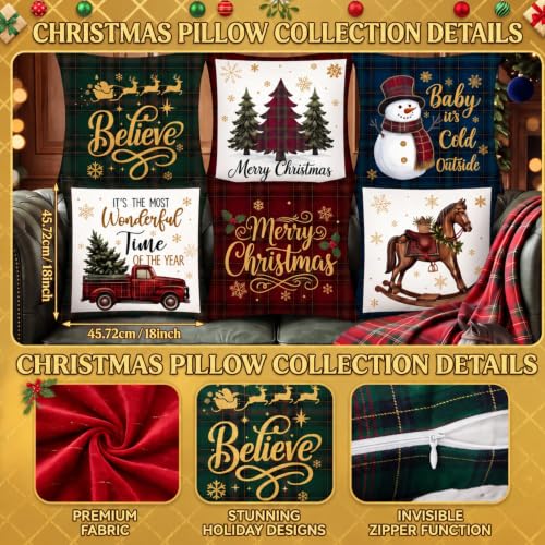 FuWeave 6 Pcs Christmas Pillow Covers 18x18 in Rustic Tartan Plaid Set with 6 Vintage Designs - includes Tree, Snowman, Truck