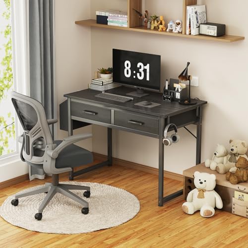 DLisiting 32 Inch Small Computer Desk with Drawers - Black, Space Saving Student & Gaming Table