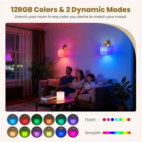Wireless Battery Operated Wall Sconces Set of 2 - Gold RGB with Remote, Detachable Hooks