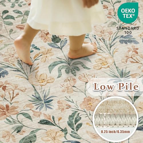 Beige 8x10 Boho Floral Washable Area Rug for Living Room & Bedroom