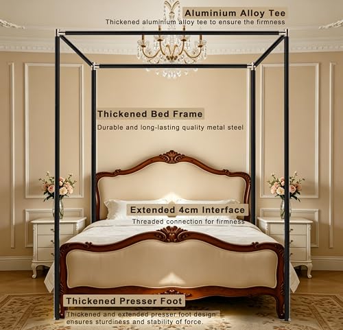 Queen Size Stainless Steel Canopy Bed Frame Thick Metal Bed Frame with Stable Base - Black