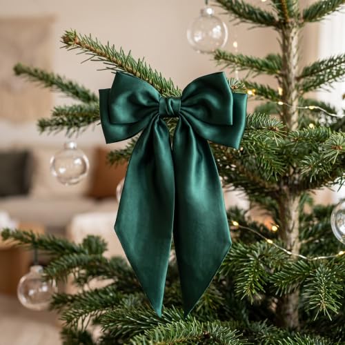 Thiccywoov 24 Dark Green Christmas Bows 15 x 6.3 in - Pre-Tied Satin, Festive Décor (Dark Green / 24)