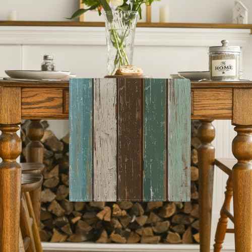 Artoid Mode Green Retro Rustic Wood Texture Table Runner, Seasonal Spring Kitchen Dining Table Decoration for Home Party Decor 13x90 Inch