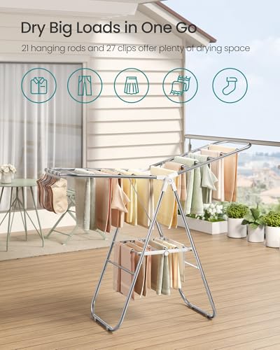 SONGMICS Foldable Metal Clothes Drying Rack White 51.2" W x 39" H, Adjustable Wings, Heavy Duty, Space-Saving Laundry Organizer
