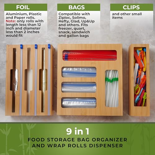 Woodenhouse Bamboo Kitchen Drawer Organizer with Foil & Plastic Wrap Dispenser, 9" - Includes Labels