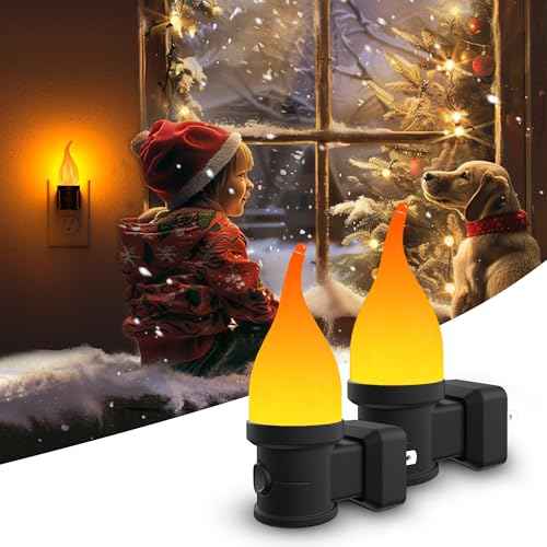 Christmas Night Lights Plug in 2 Pack, 3 Modes Candle Night Light with Dusk to Dawn Sensor, Flickering Flame Halloween NightLights for Parties, Home Decor