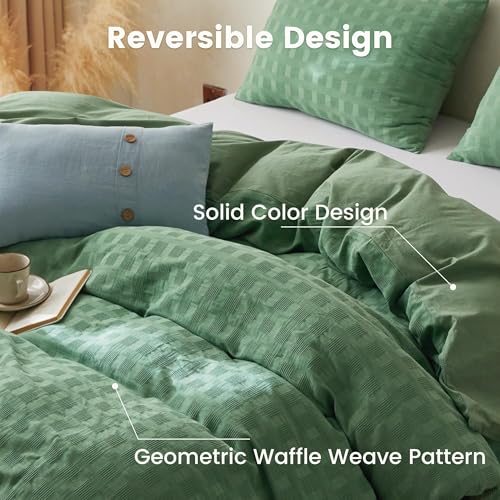BISELINA Oversized King Cotton Duvet Cover Set Forest Green Waffle Weave Reversible Bedding