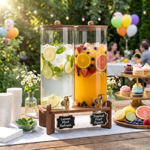 2 Gallon Glass Drink Dispenser Set with Spigot & Acacia Wood Stand - Double Pack
