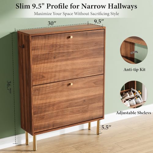 Midnight Walnut Fluted Shoe Storage Cabinet with Flip Drawers - Narrow Entryway Organizer