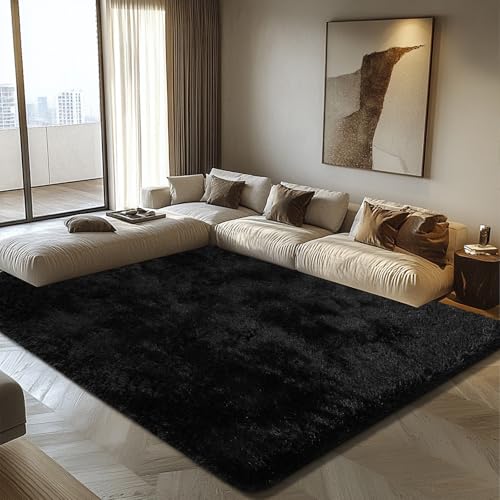 Black 8x10 Shag Area Rug for Living Room & Bedroom - Fluffy Non-Slip Carpet