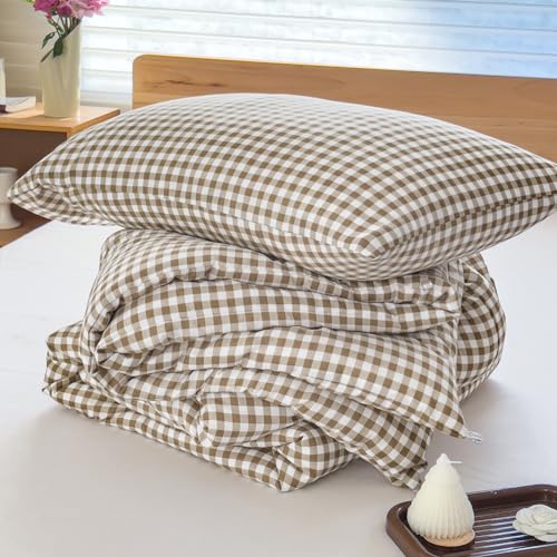 Tan Gingham Queen Comforter Set - 3 Pieces, Bedspread & Pillow Shams