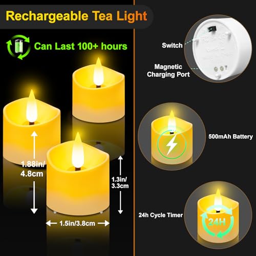 YiaMia Rechargeable Magnetic Tea Lights 12 Pack with Remote & Fast Charging