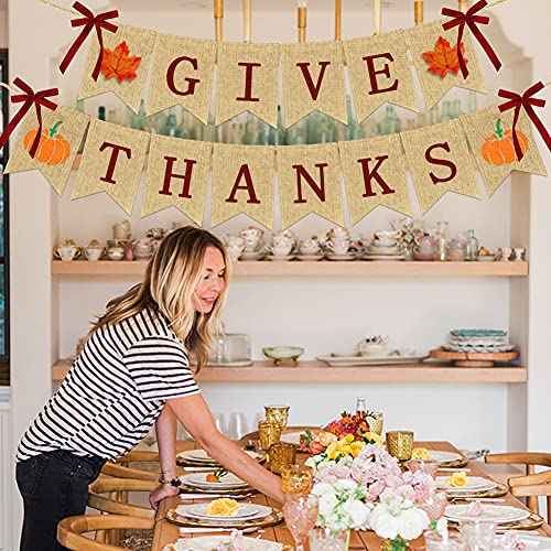 Give Thanks Burlap Banners Thanksgiving Decorations | Rustic Turkey Pumpkin Burlap Garland | Thanksgiving Party Supplies - 2 Strings, NO DIY Fireplace Mantle Home Decoration