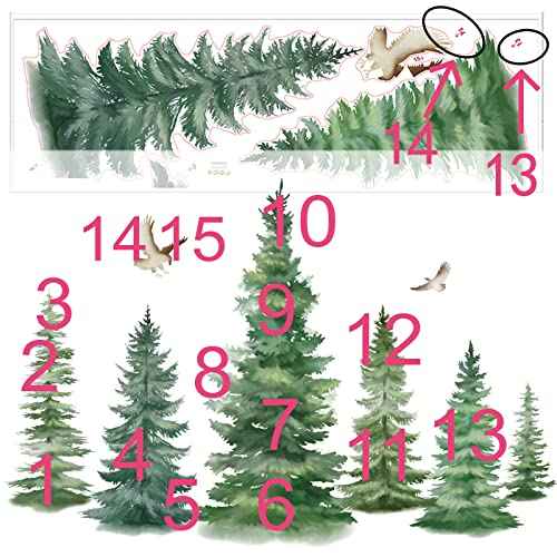 decalmile 6 Watercolor Pine Tree Wall Decals Christmas Woodland Wall Stickers Nursery Bedroom Living Room Wall Decor(H: 37inches)
