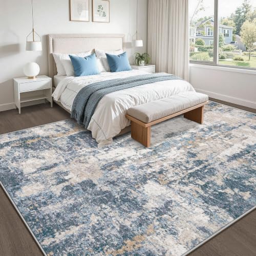 Aoyaomi 8x10 Blue Brown Abstract Washable Rug - Non-Slip Soft Indoor Carpet for Living Room & Bedroom - Variation: Blue Brown / 8' x 10'