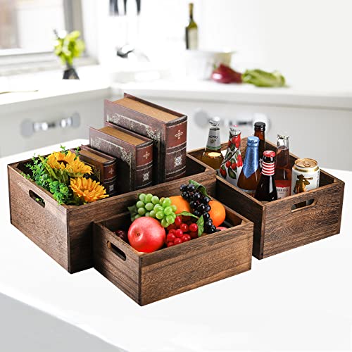 Set of 3 Rustic Wooden Nesting Storage Crates with Handles - Farmhouse Decor