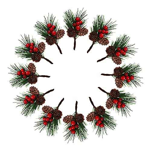 QLINLEAF Christmas Red Berry Stem Floral Pine Cone Artificial Branch Evergreen Decoration - 12 Pieces for DIY Holiday Crafts and Garland