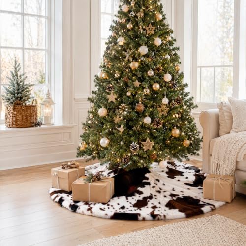 48 Inch Faux Fur Christmas Tree Skirt Black Cow Xmas Decoration for Holiday Decor