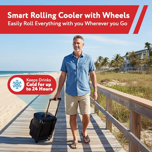 Collapsible Insulated Cooler Bag with Wheels - Leak-Proof Travel Trolley - Black - 36 Cans