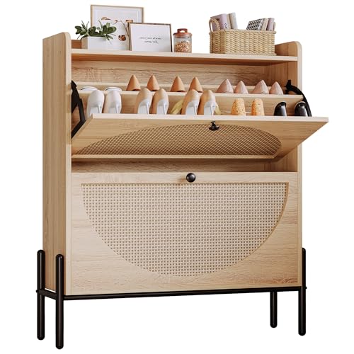 IRONCK Large Rattan Shoe Cabinet Storage with 2 Flip Drawers - Oak