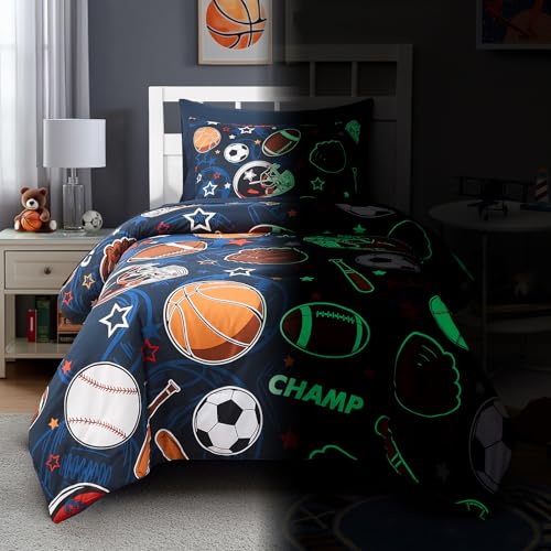 Wink Deer Glow in the Dark Twin Comforter Set for Boys - Sports Ball Pattern, 5 Pieces, Bedtime Glow Environment