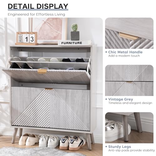 Oakvivo Grey Shoe Cabinet with 2 Flip Drawers, Entryway Organizer