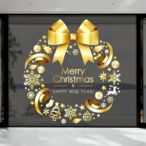 XL Winter Gold Wreath Clings for Window Whole Large Xmas Wreath Window Stickers News Years Decor DIY Static Wall Window Door Mural Showcase Decal Sticker-15.7x17 in (1pack)