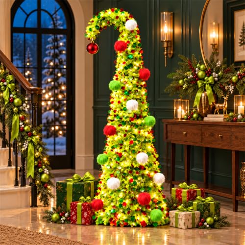 PUETUNG 6FT Green Whimsical Curved Pop-Up Christmas Tree with Lights & Ornaments
