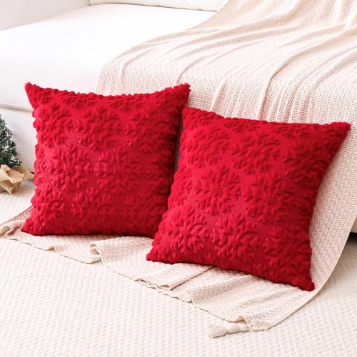 OTOSTAR Set of 2 Red Snowflake Xmas Plush Velvet Throw Pillow Covers 20x20 Inch