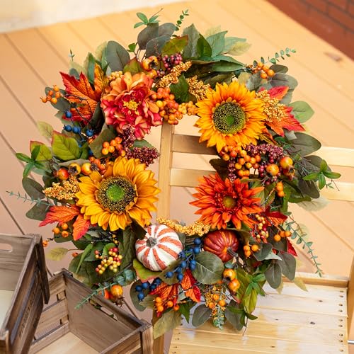 24 Inch Fall Wreath for Front Door with Sunflowers & Maple Leaves