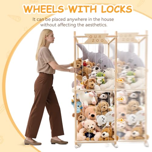 Megapuxin Pine Wood Stuffed Animal Storage Zoo on Wheels - Large Toy Organizer for Nursery & Playroom