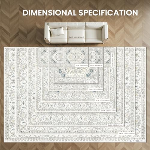 befbee 8x10 Beigeblue Washable Area Rug Stain-Resistant Non-Slip Living Room Carpet