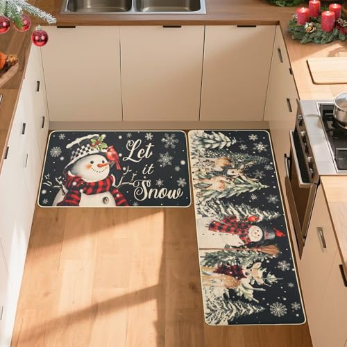 MEHOFOND Christmas Kitchen Rugs Set of 2 Black Snowflake Snowman Deer Winter Holiday Floor Mats, 17x29 & 17x47 Inches