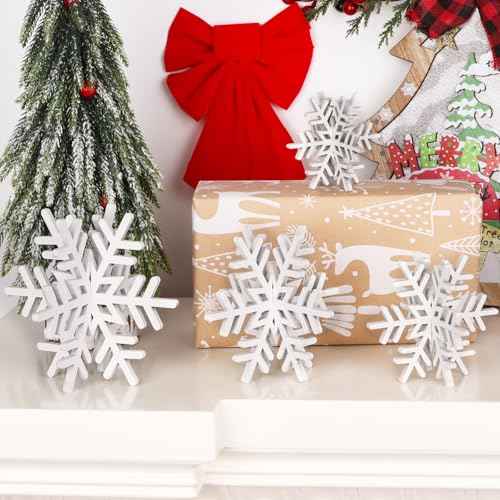 CCINEE 8pcs Christmas Wooden Snowflake Decoration Winter Snowflake Tabletop Sign White 3D Snowflake Tabletop Decor Glitter Snowflake Centerpiece for Xmas Wooderland Party Home Decoration