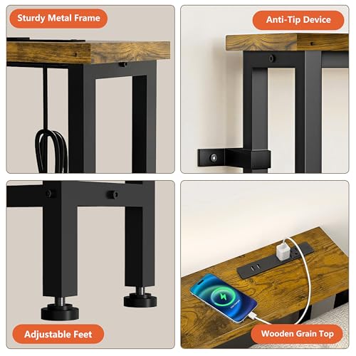 70-Inch Narrow Sofa Table with Outlets - Rustic Brown, 70.8 W x 5.9 D x 29.7 H