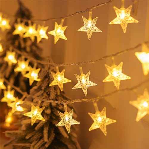 Star String Lights Battery Operated, 20Ft 40 LED Star Fairy Lights Warm White Christmas Twinkle Lights Indoor Outdoor for Bedroom Home Canopy Fireplace Wedding Party Xmas Tree Decoration