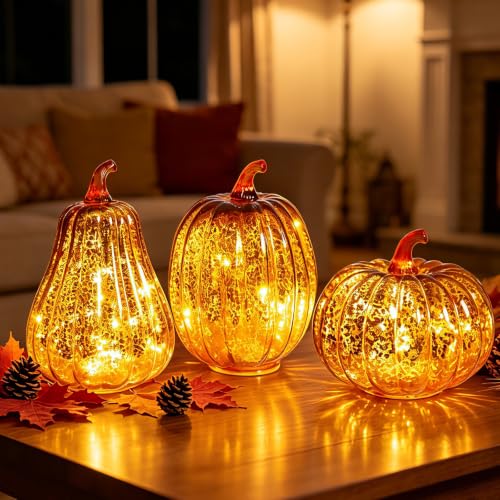 Mercury Glass Pumpkin Light Set - Orange Fall Halloween Decor, 3PCS