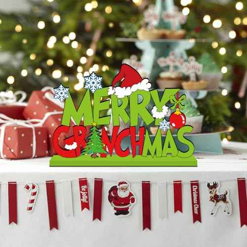 Christmas Decorations for Home Wood Table Centerpieces Green Merry Christmas Centerpieces for Tables 11.8x7.9inch Large Size Christmas Tree Pattern Wood Tabletopper